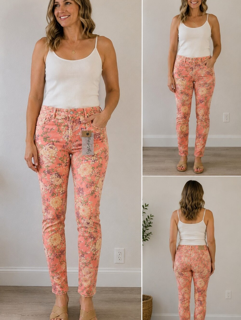 Vanilla Star Floral Skinny Jeans Coral Peach Size 11 NWT Stretch Mid Rise A-170